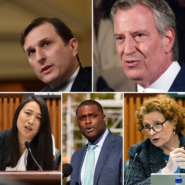 A collage of photos of the following people starting from clockwise: Former Mayor Bill de Blasio, Brooklyn Assemblymember Jo Anne Simon, Westchester County Rep. Mondaire Jones, Assemblymember Yuh-Line Niou, and former prosecutor Daniel Goldman. The five support a campaign to have a new development in Lower Manhattan be 100% affordable.